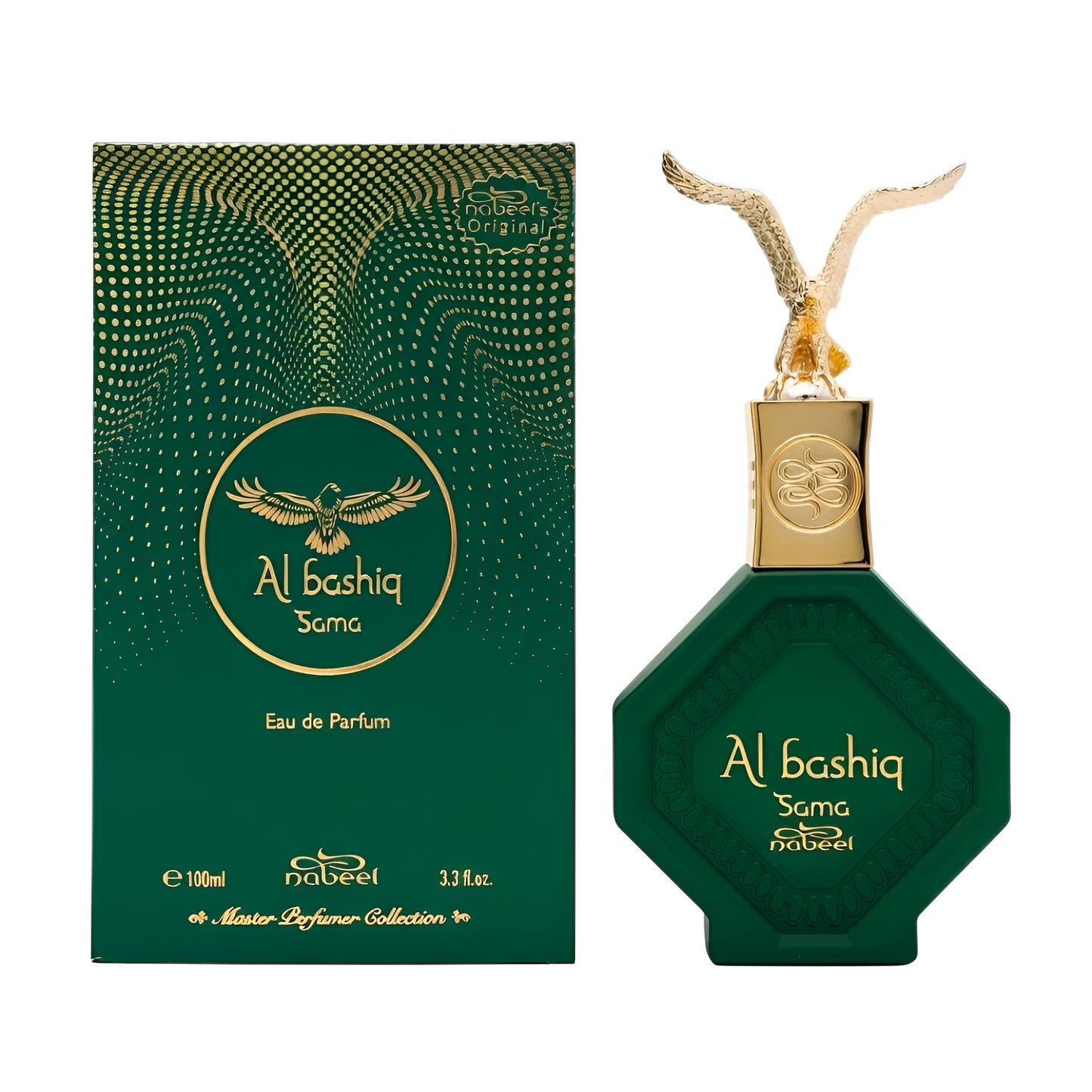 Green Al Bashiq perfume bottle and packaging on a white background
