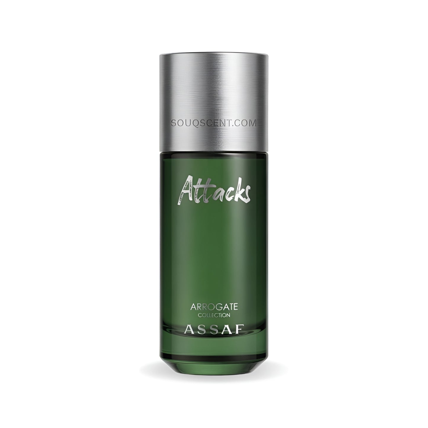 Green bottle with silver cap labeled 'Attacks' by Assaf on a white background
