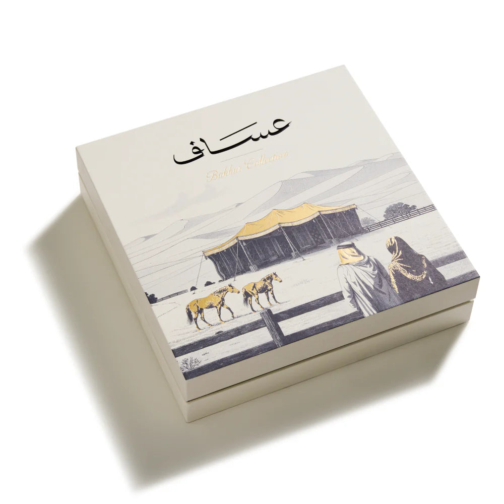 Box with artistic design of people and horses on a white background