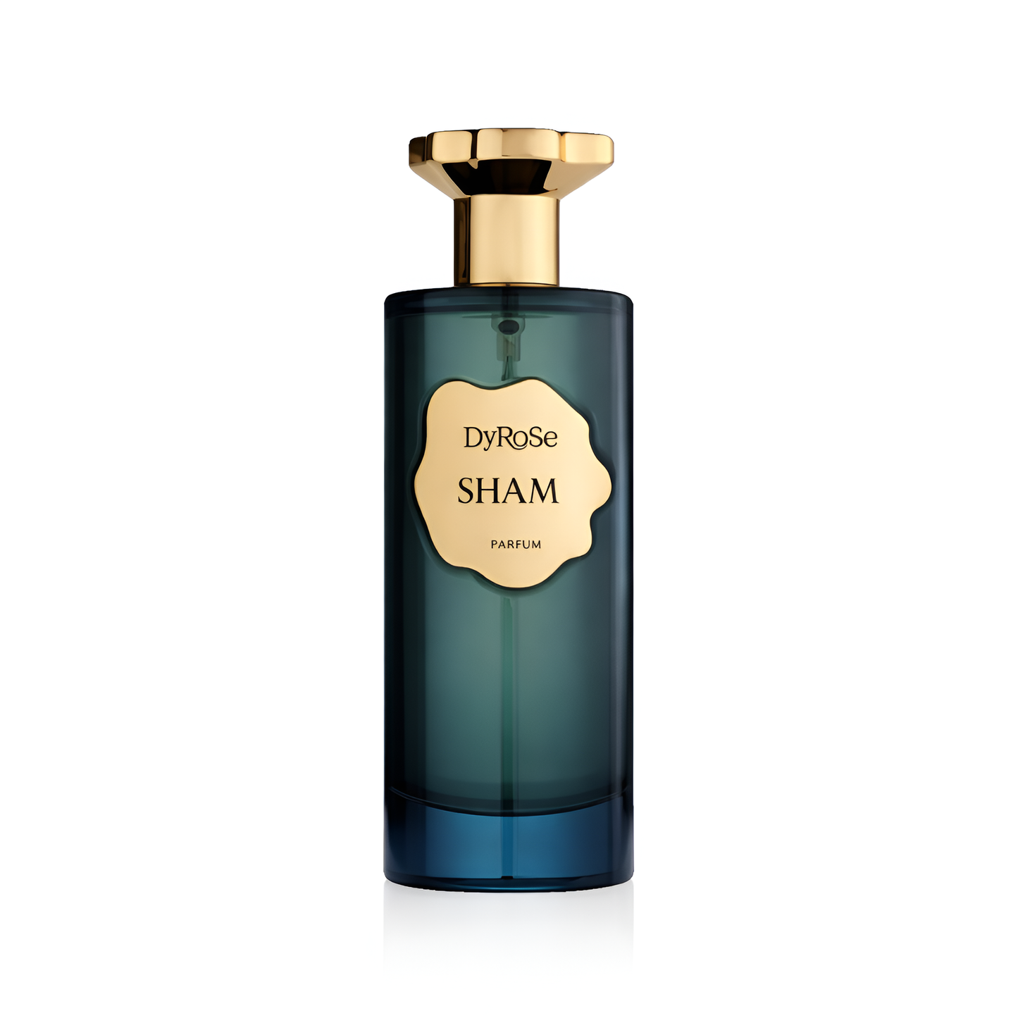 Perfume bottle labeled 'Sham' by DyRose on a white background