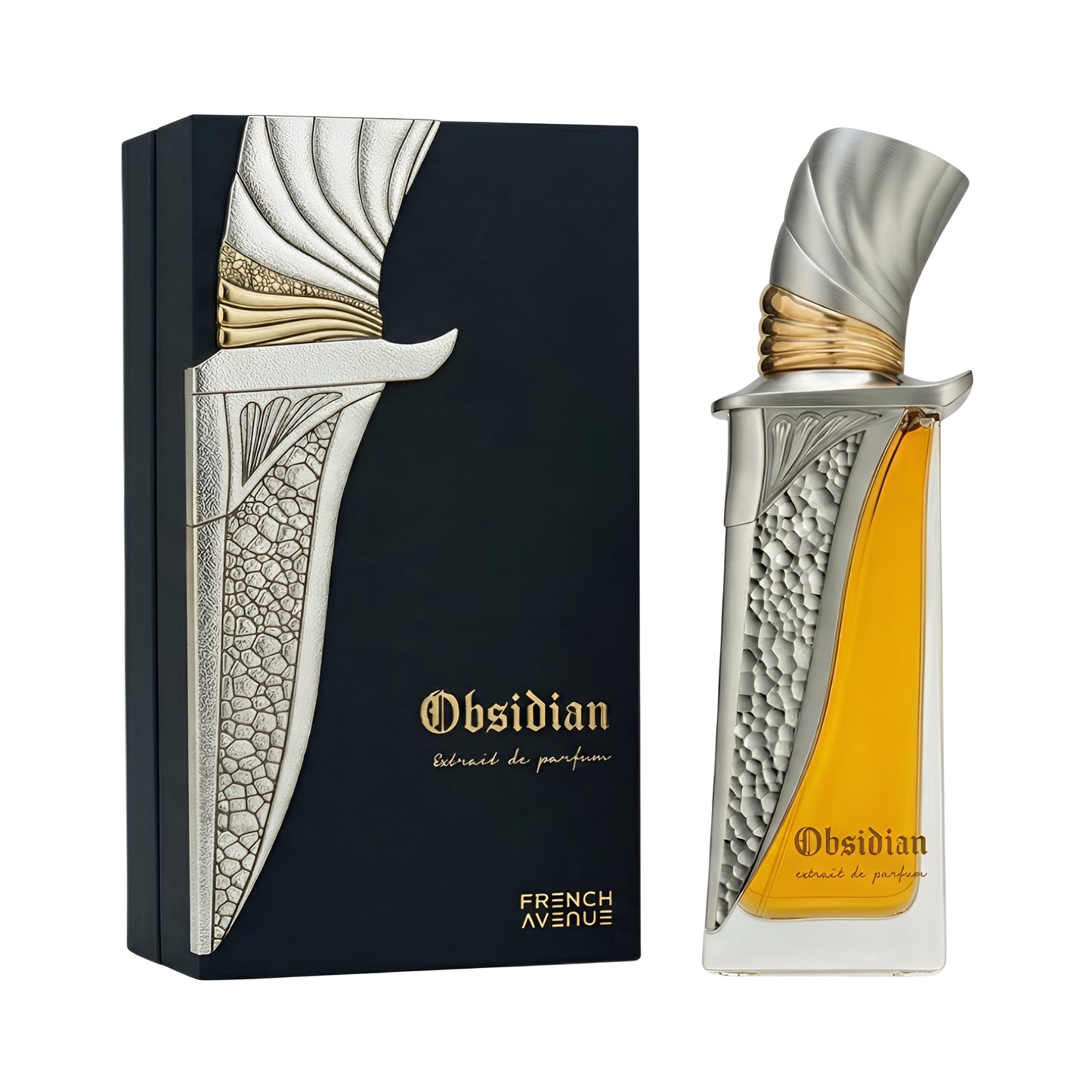 Obsidian perfume bottle and packaging on a white background