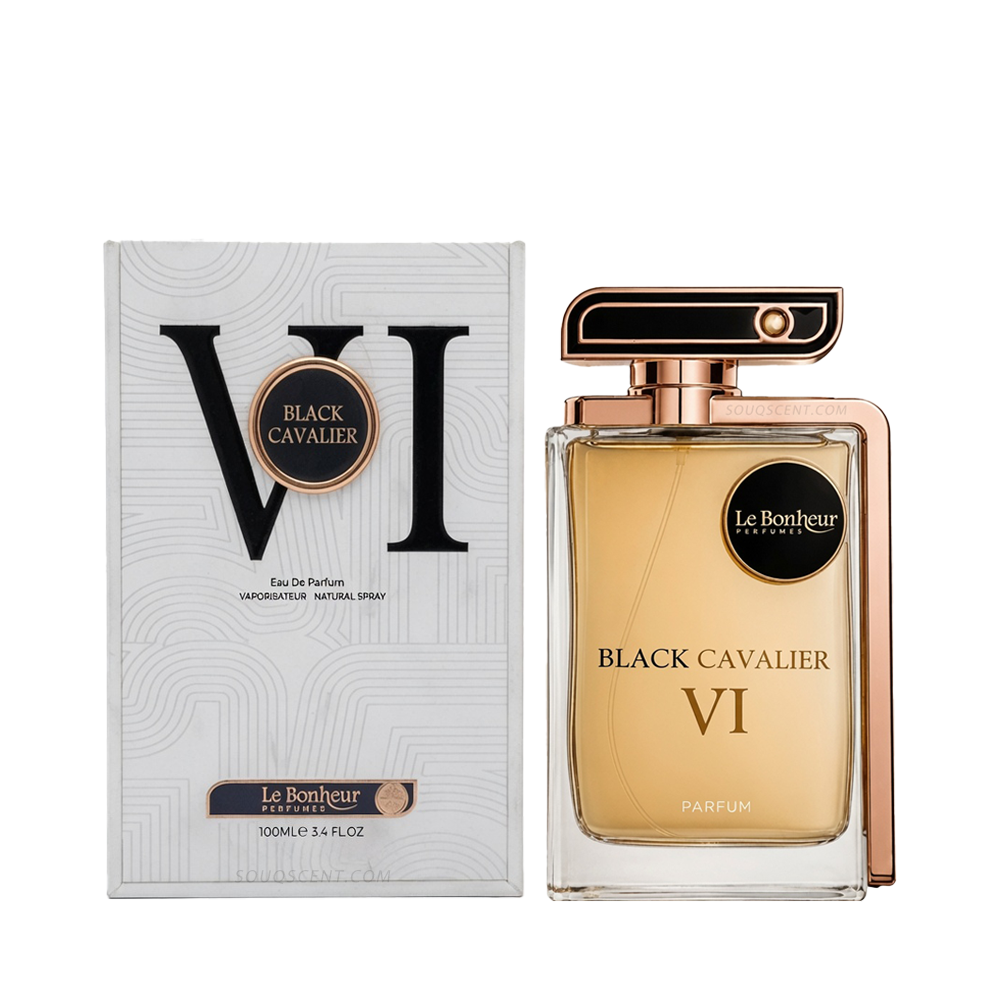 Perfume bottle and packaging of 'Black Cavalier VI' by Le Bonheur on a white background