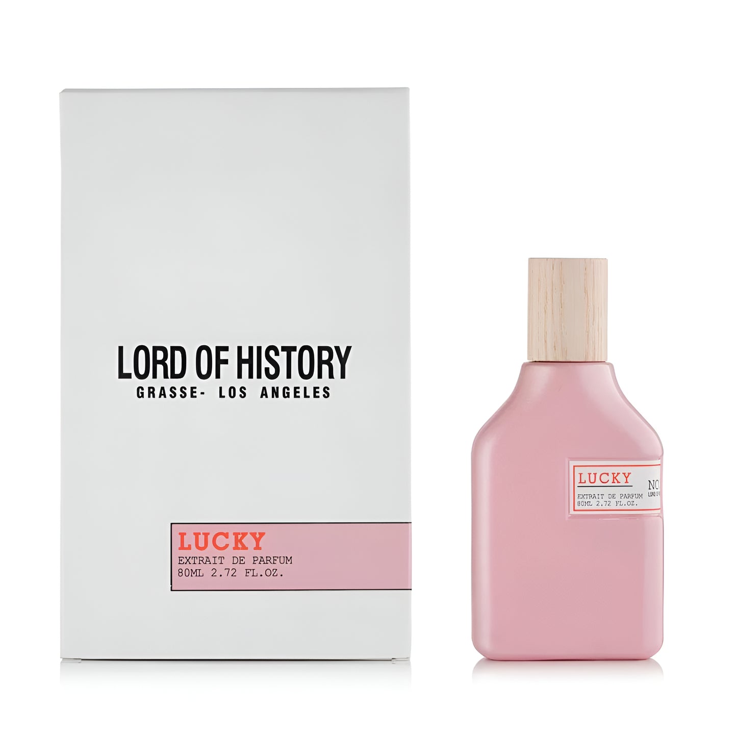 Pink perfume bottle with wooden cap and 'Lucky' label next to a white box with 'Lord of History' branding.