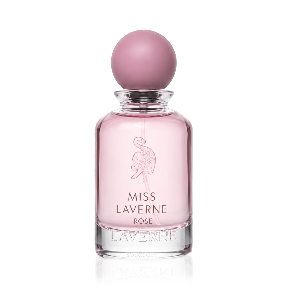 Miss Laverne Rose perfume bottle with a pink spherical cap and pink liquid inside a clear glass bottle, on a white background.