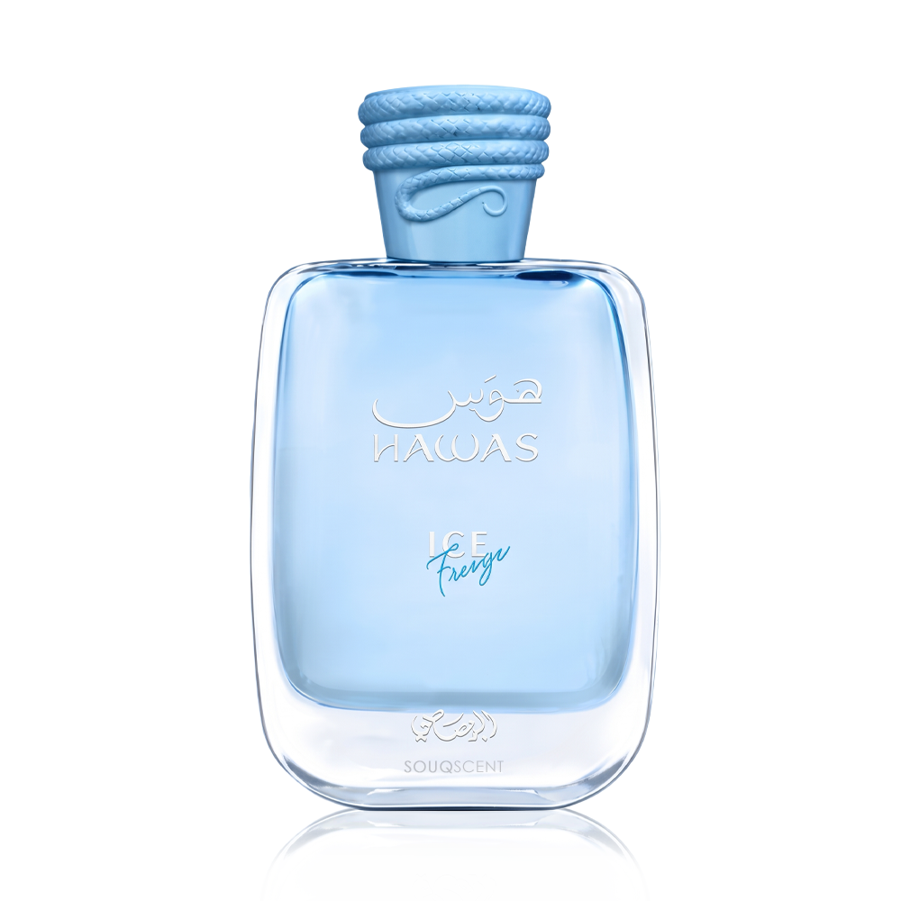 A bottle of HAWAS ICE FREEZE perfume by Souq Scent, featuring a clear glass bottle with light blue liquid and a textured light blue cap, set against a plain white background.
