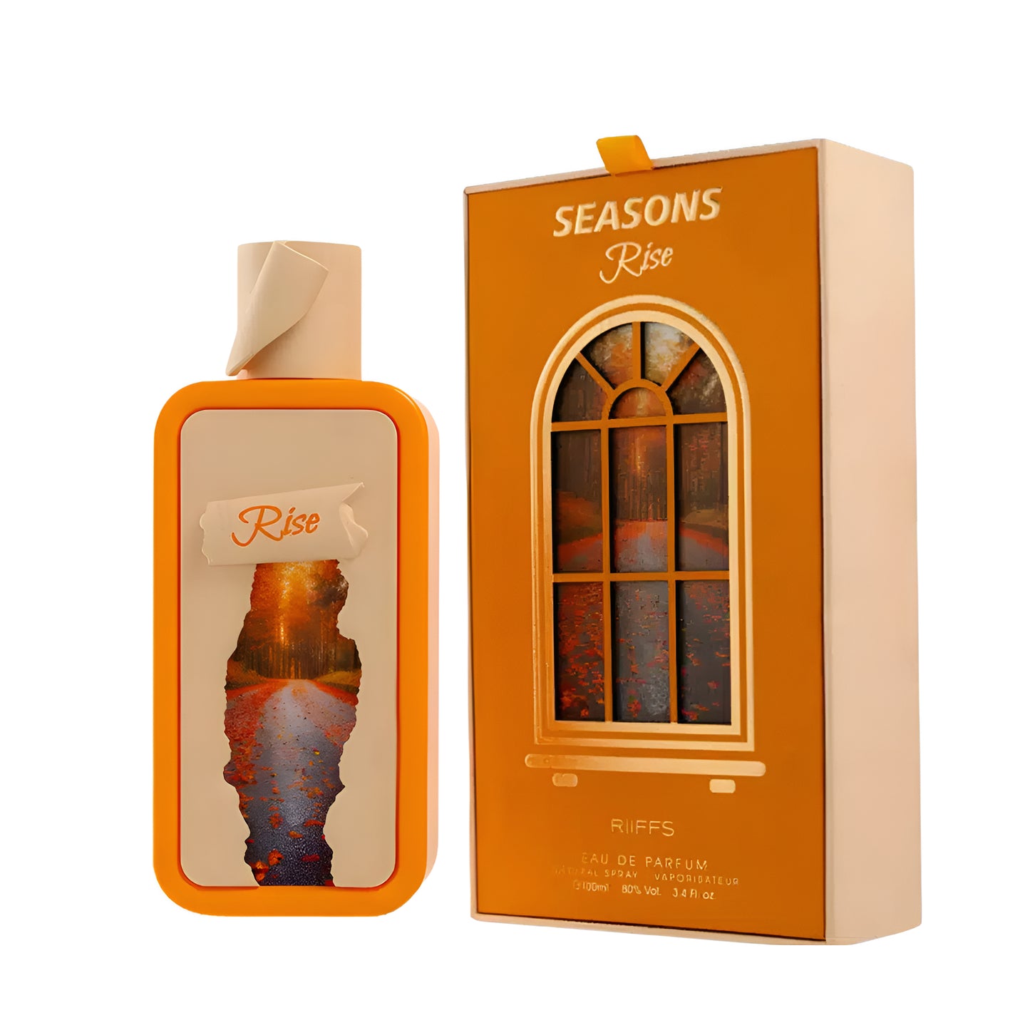 Orange perfume bottle and packaging with 'SEASONS Rise' text on a white background