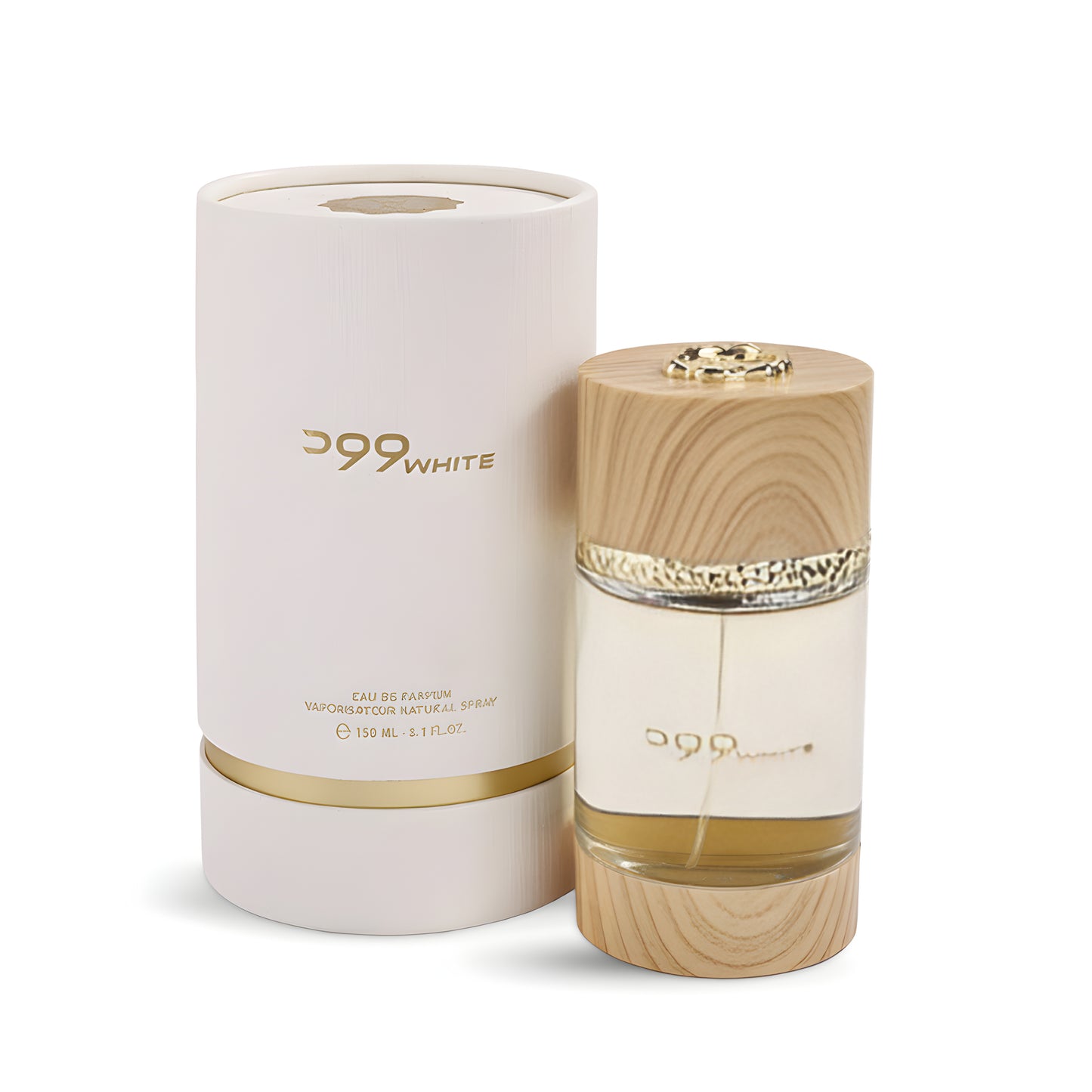 Perfume bottle and packaging with '99 White' branding on a white background