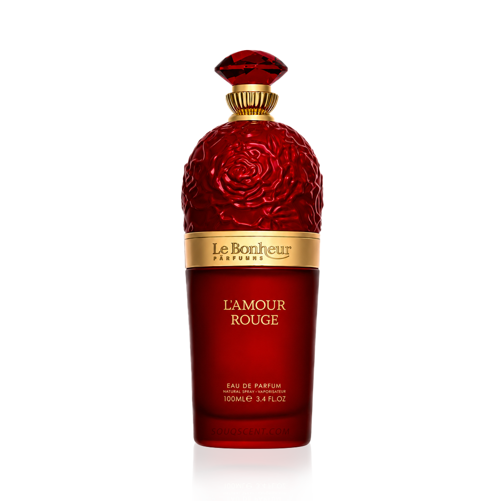 Red perfume bottle with gold cap on a white background