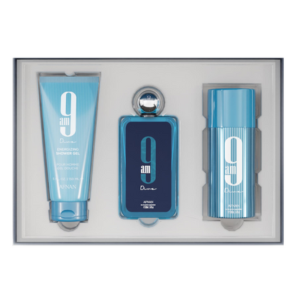 A gift set by Afnan featuring a perfume bottle and two skincare products, all packaged in a box with a blue color scheme.