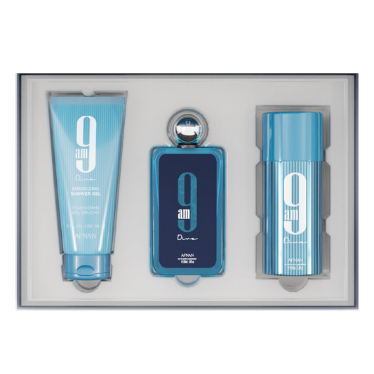 A gift set by Afnan featuring a perfume bottle and two skincare products, all packaged in a box with a blue color scheme.