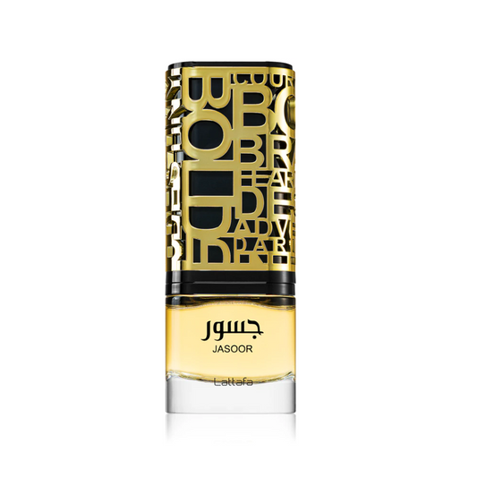 A bottle of Lattafa Jasoor perfume with a gold and black label, displaying Arabic text.
