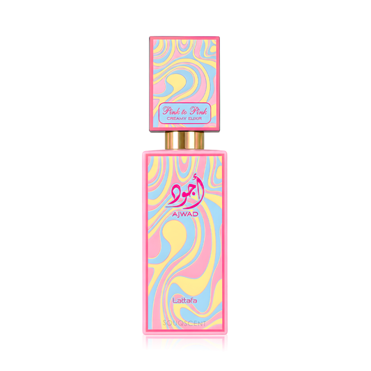A rectangular perfume bottle with a matching cap, featuring a vibrant pink, yellow, and blue marbled swirl pattern. The bottle has a gold neck and displays the brand name 'AJWAD' and the fragrance name 'Pink to Pink' in stylized text.