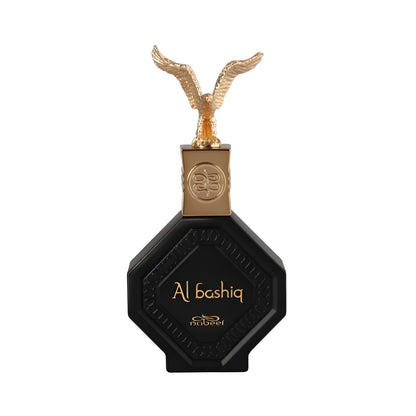 Black and gold perfume bottle with 'Al Bashiq' branding on a white background