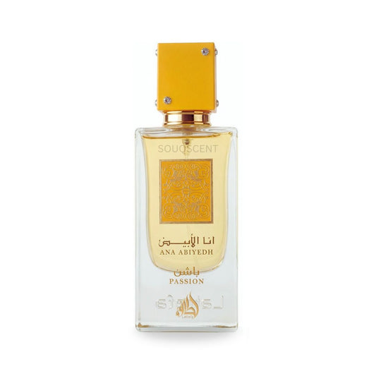 Perfume bottle with gold cap and label on a white background