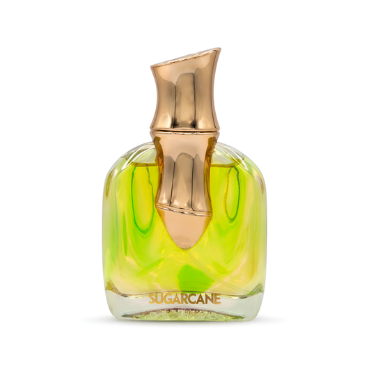 Perfume bottle labeled 'Sugarcane' with gold cap on a white background