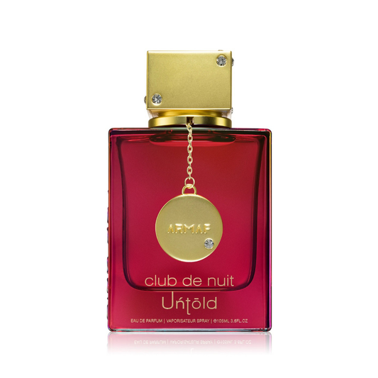 Red and gold Armaf perfume bottle on a white background