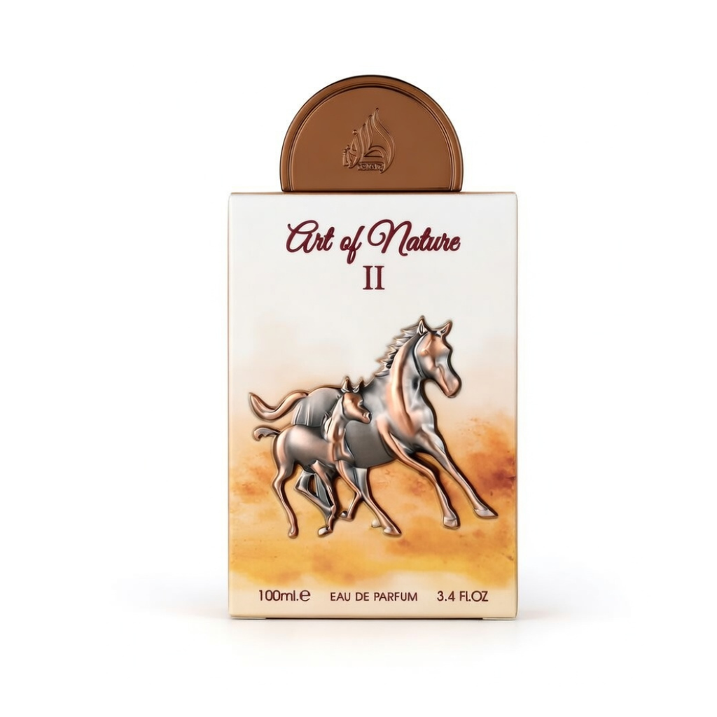 Perfume packaging with horse design and 'Art of Nature II' text on a white background