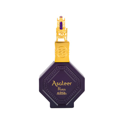 Purple perfume bottle with gold cap on a white background