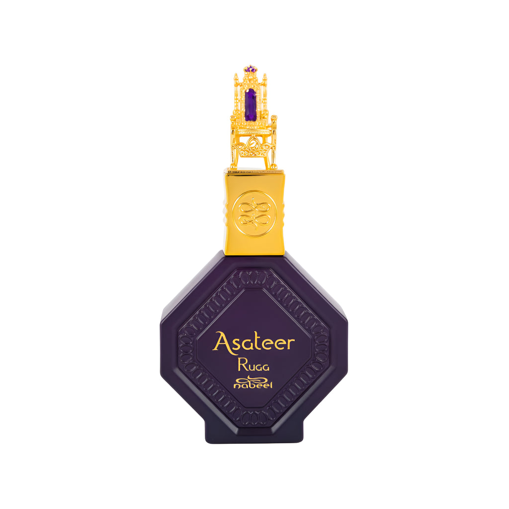 Purple perfume bottle with gold cap on a white background