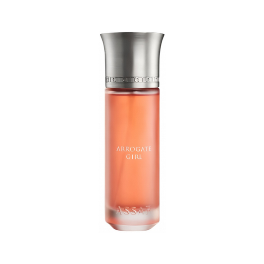 Perfume bottle labeled 'Arrogate Girl' with a silver cap on a white background