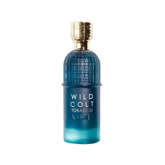 Blue perfume bottle with gold cap labeled 'Wild Colt Tobacco' on a white background