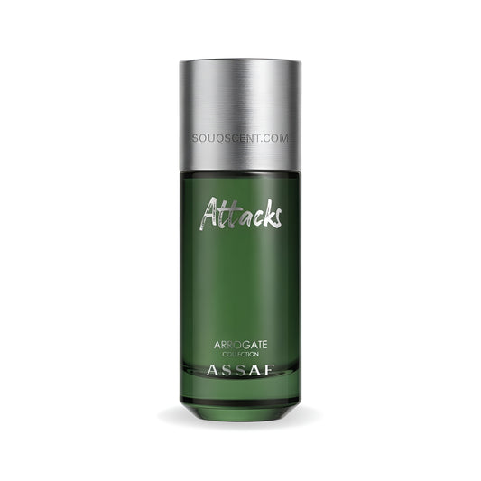 Green bottle with silver cap labeled 'Attacks' by Assaf on a white background