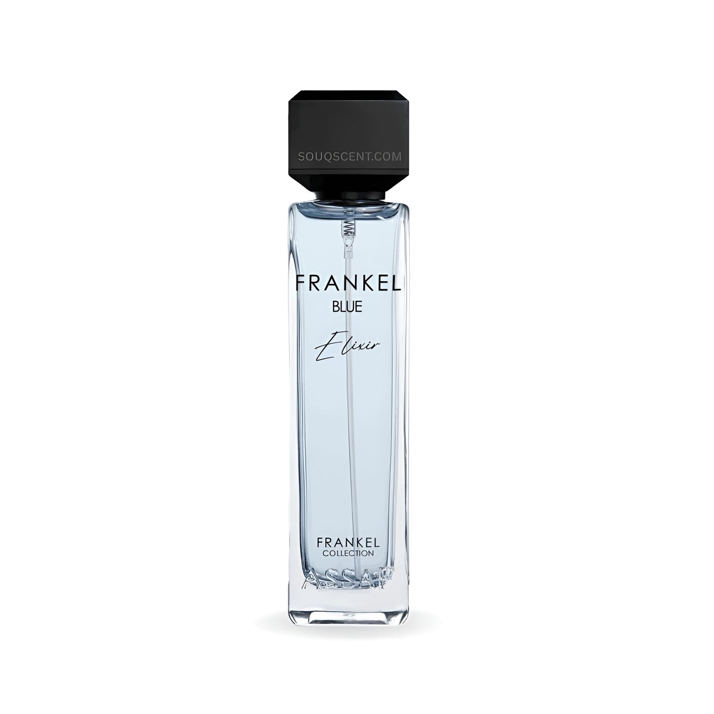 Perfume bottle labeled 'Frankel Blue Elixir' on a white background