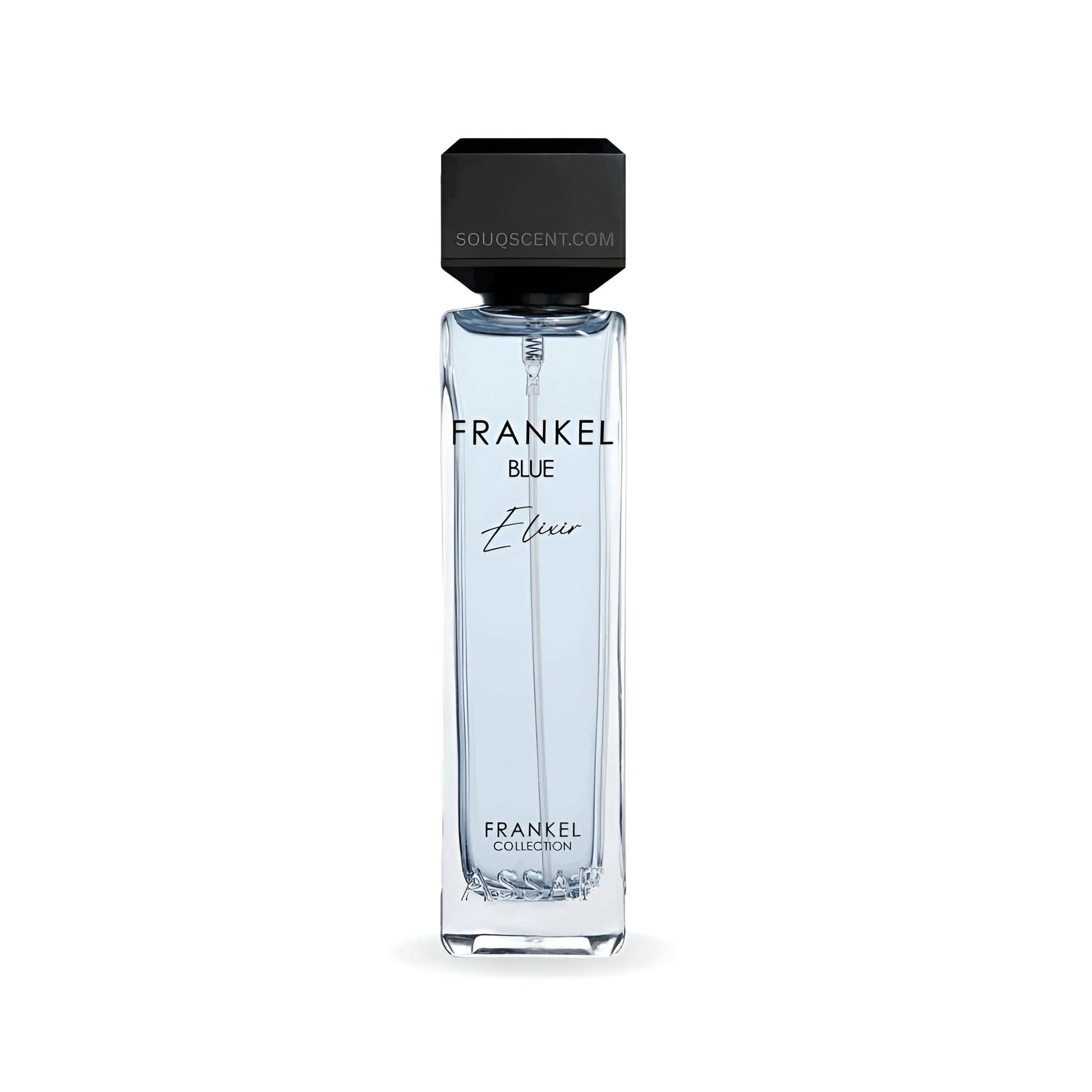 Perfume bottle labeled 'Frankel Blue Elixir' on a white background
