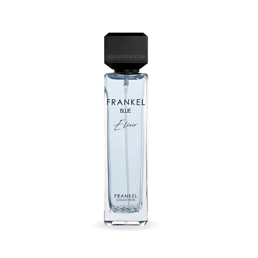 Perfume bottle labeled 'Frankel Blue Elixir' on a white background