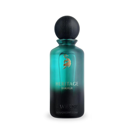 Perfume bottle labeled 'Heritage Bakhur' by Averne on a white background