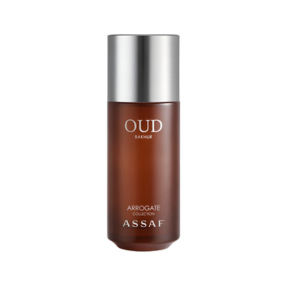 Assaf Oud BAKHUR perfume bottle with silver cap on a white background