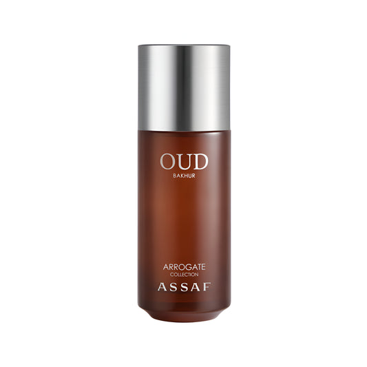 Assaf Oud BAKHUR perfume bottle with silver cap on a white background