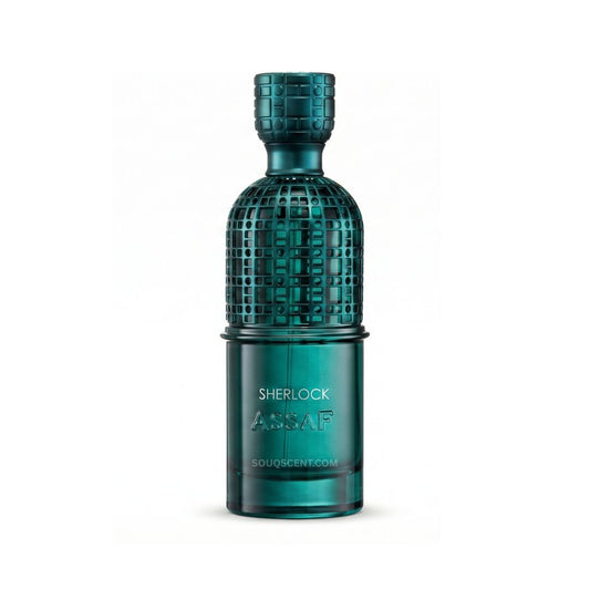Teal perfume bottle with intricate design on a white background
