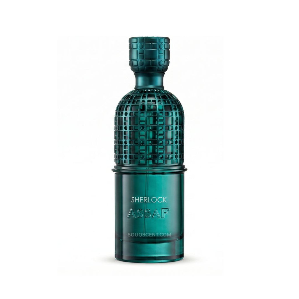 Teal perfume bottle with intricate design on a white background