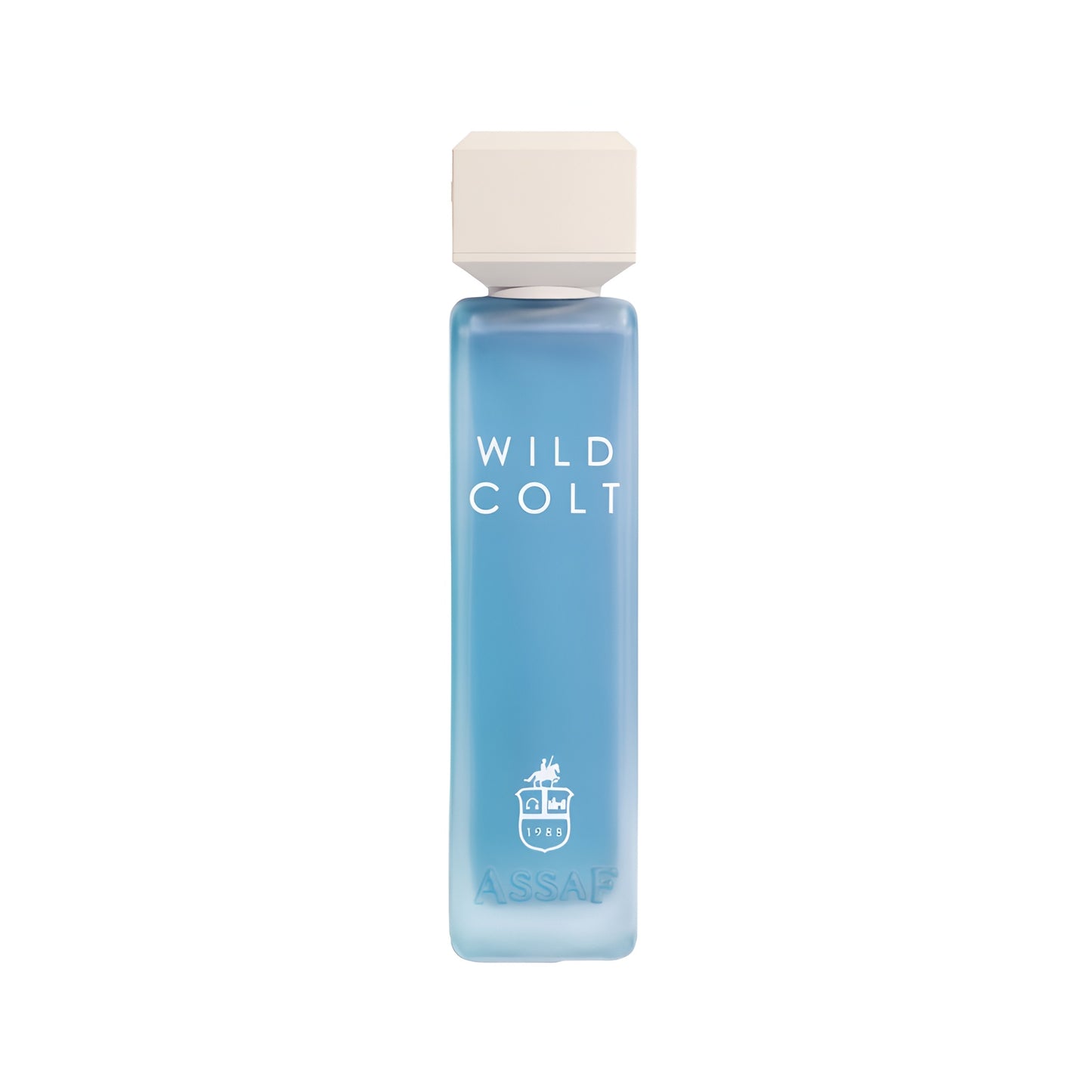 Blue bottle of 'Wild Colt' with a white cap on a white background