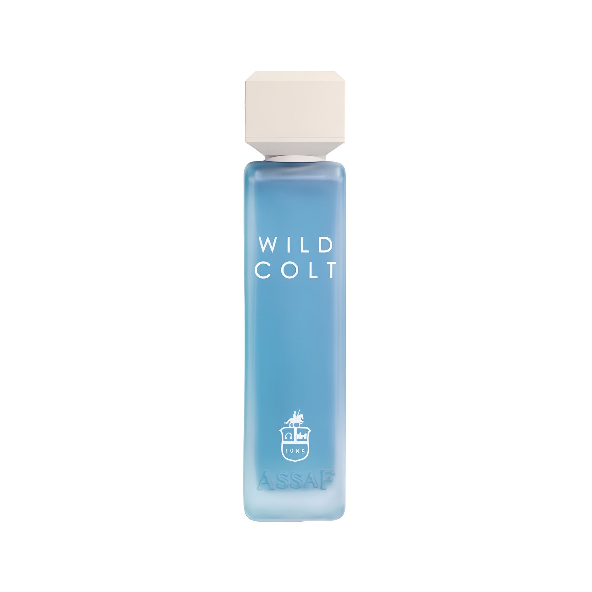 Blue bottle of 'Wild Colt' with a white cap on a white background