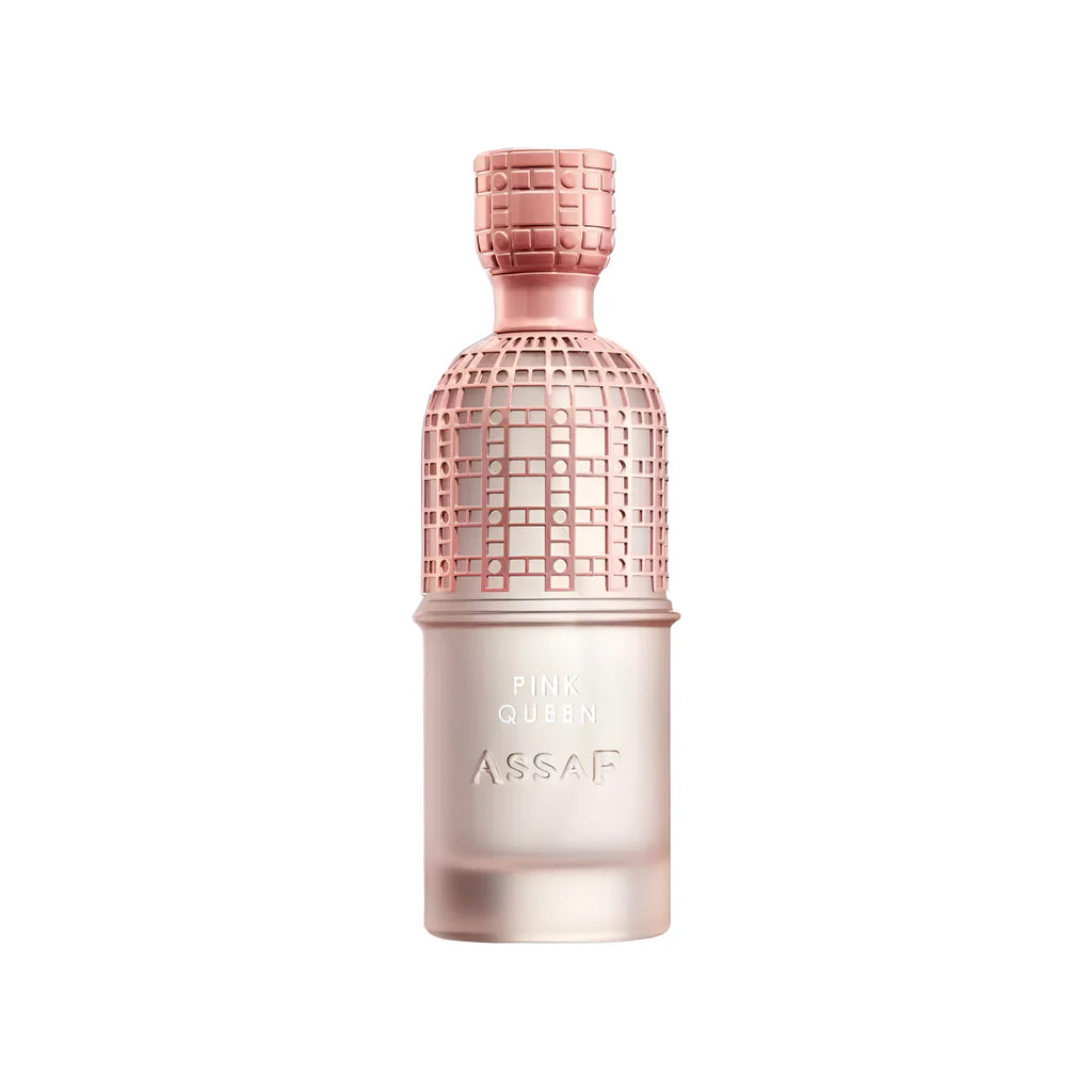 Perfume bottle with pink and white design on a white background
