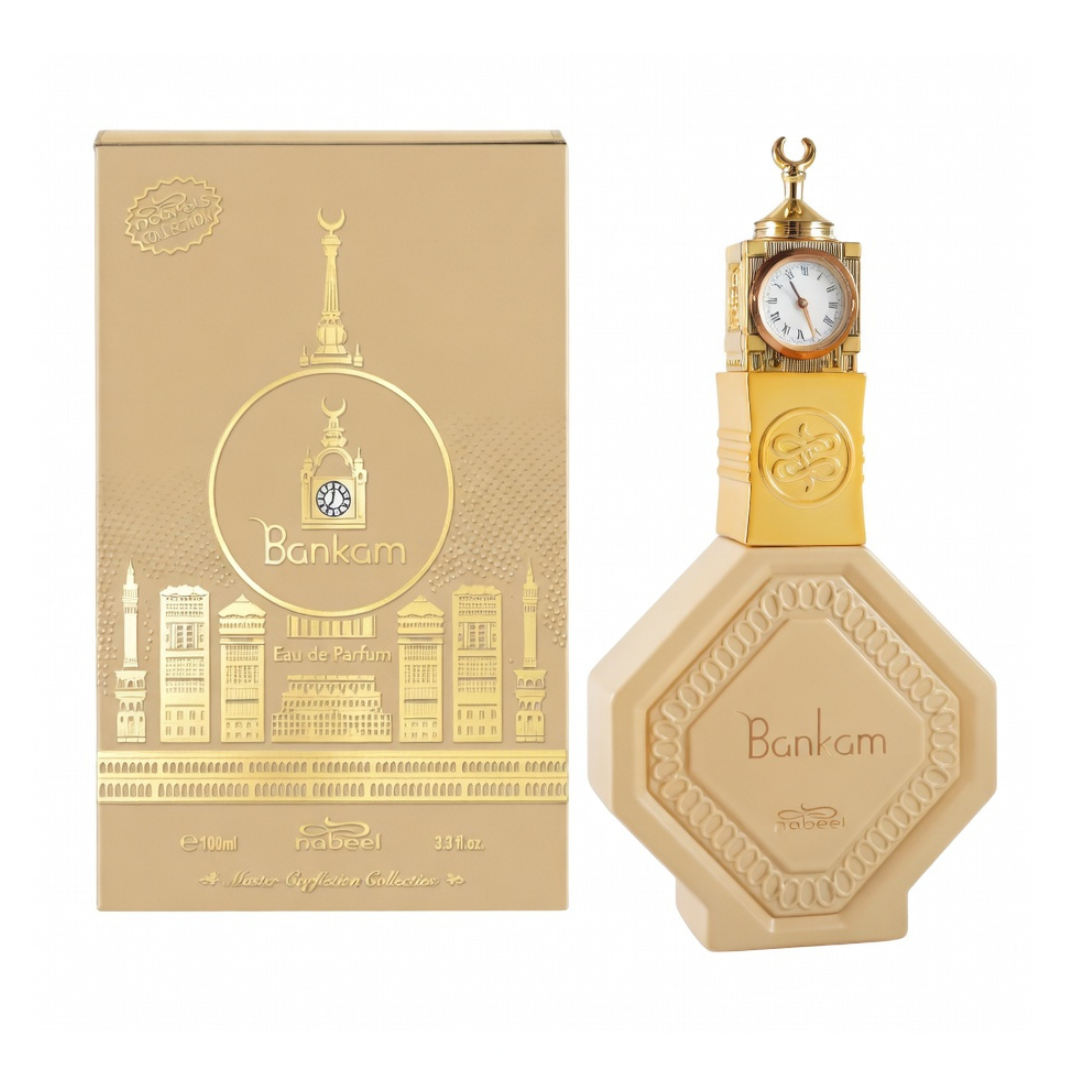 Beige soap with clock design and 'Bankam' branding next to its packaging on a white background