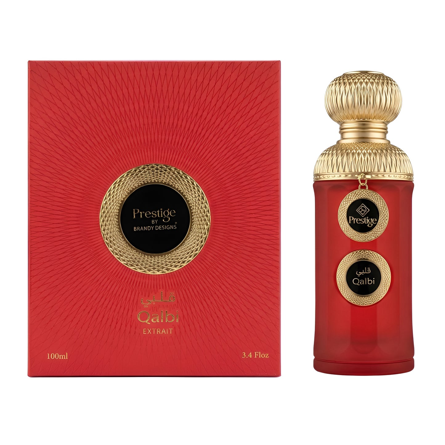 Red perfume bottle with gold accents and matching box on a white background