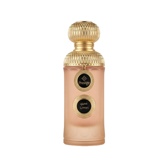Perfume bottle with gold cap and beige body on a white background