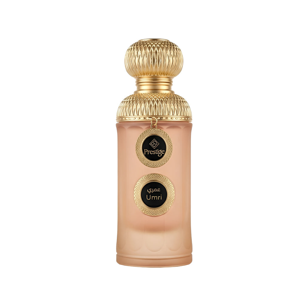 Perfume bottle with gold cap and beige body on a white background