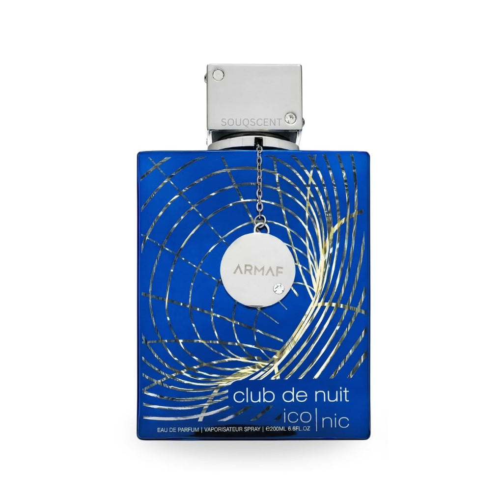 Blue Armaf perfume bottle with silver cap on a white background