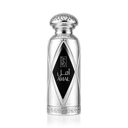 A silver metallic perfume bottle with a black diamond-shaped label featuring the brand logo and the text 'AMAL' in English and Arabic, set against a plain white background.