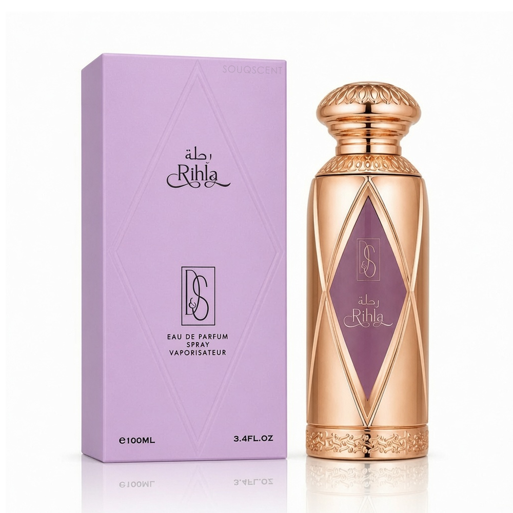 Rithla by  Eau de Parfum spray bottle and its matching lavender purple packaging box, displayed on a clean white background.
