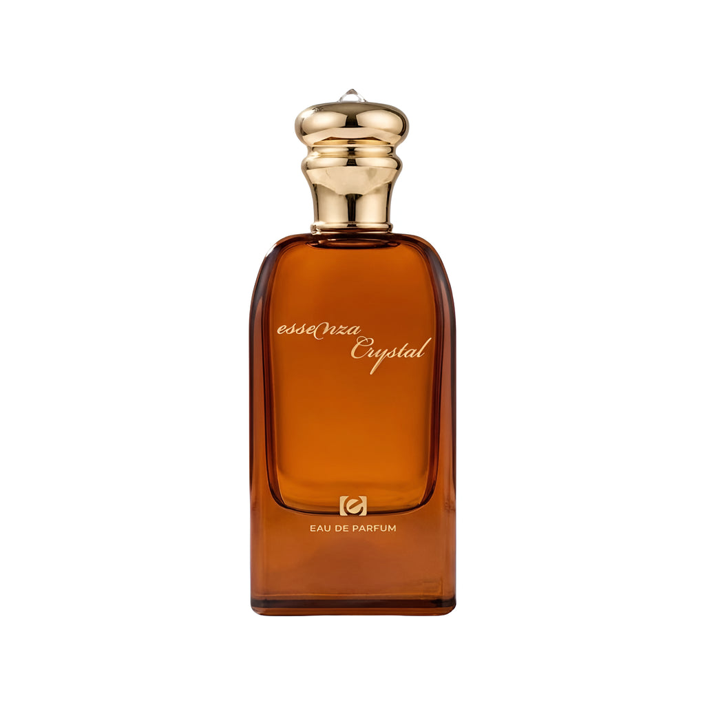 Brown perfume bottle with gold cap on a white background