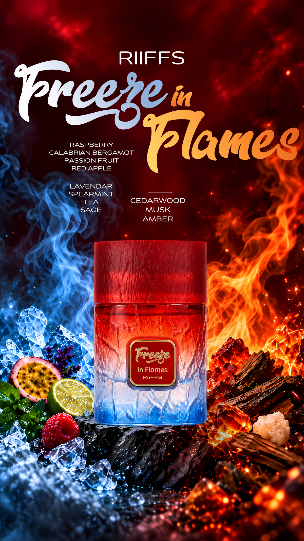 A bottle of Riiffs Freeze in Flames PERFUME BOTTLE is centered against a dramatic split background of red flames on the right and blue ice on the left. The bottle has a red-to-blue gradient label and cap.