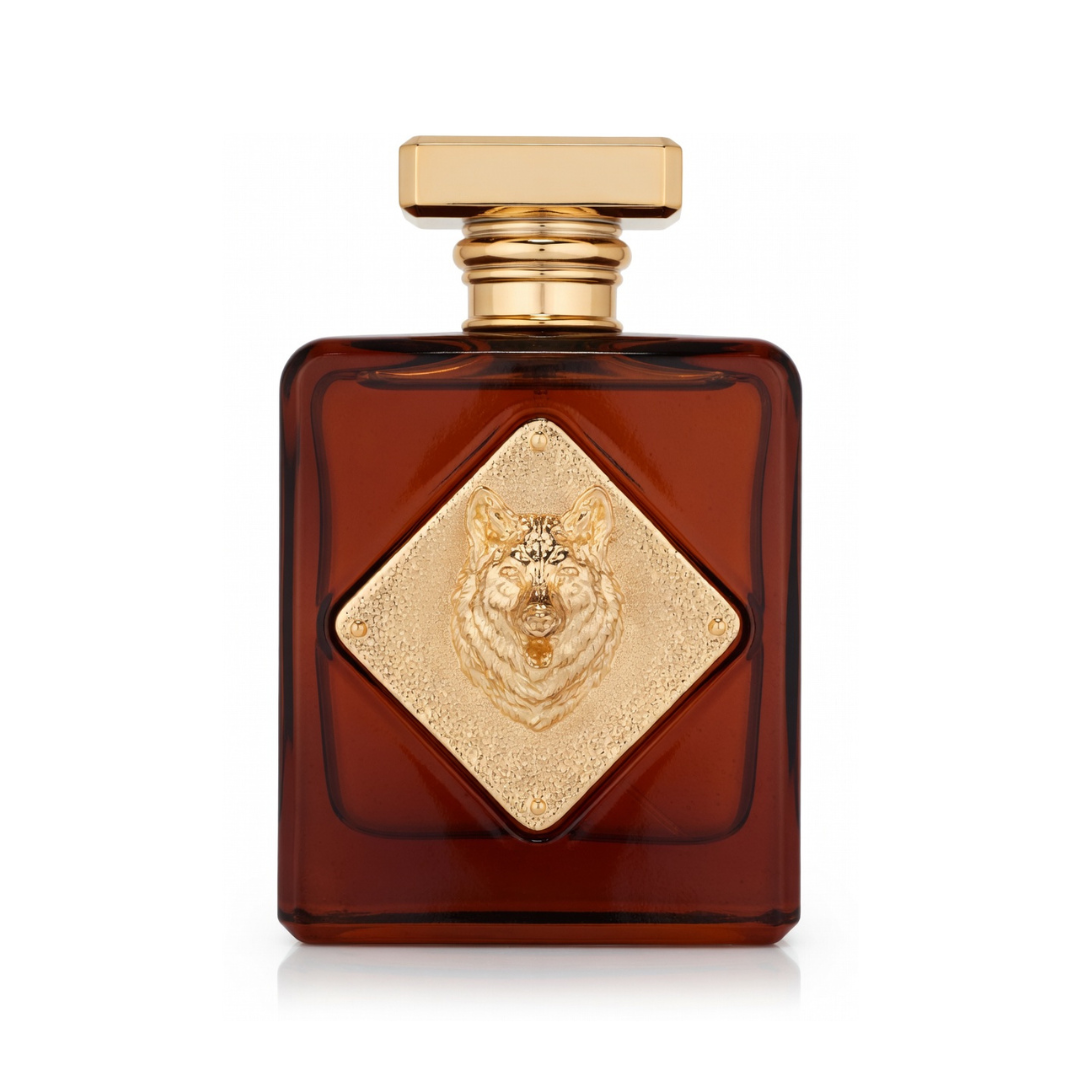 Brown perfume bottle with gold cap and decorative label on a white background