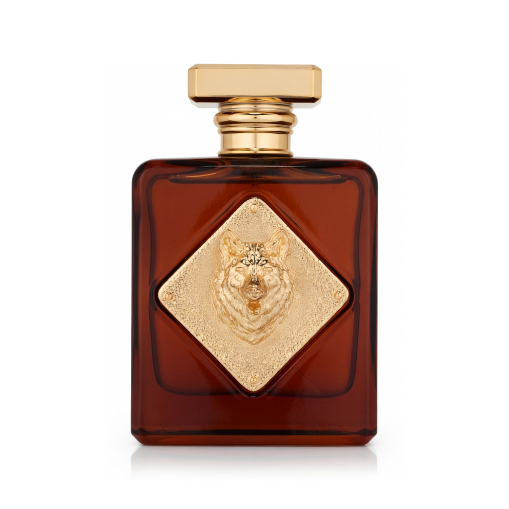 Brown perfume bottle with gold cap and decorative label on a white background