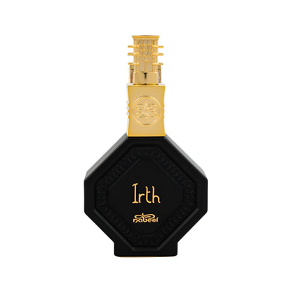 Black perfume bottle with gold cap on a white background