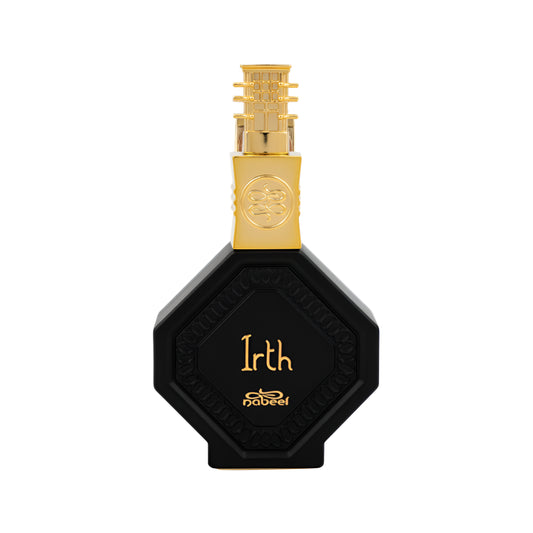Black perfume bottle with gold cap on a white background